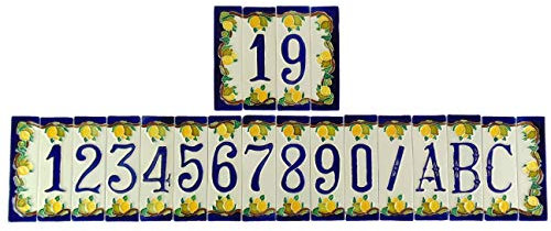 Numeri Civici in Ceramica Con Limoni, Oggetto da Esterno Colorato a Mano NL - Misure: Numero H 15cm, L 4,5cm, Spessore 0,7cm. Cornice H 15cm, L 4cm, Spessore 0,7cm