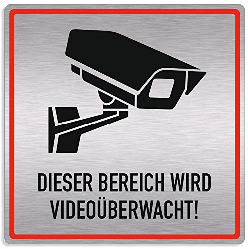 Panneau Vidéo Surveillance, Domaine videoüberwacht, 20 x 20 cm, en aluminium argenté brossé/composites, design élégant