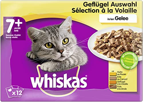 Whiskas 7 + Katzenfutter – Geflügel-Auswahl in Gelee – Hochwertiges Nassfutter für Katzen ab 7 Jahren und älter – 48 Portionsbeutel à 100g