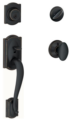 SCHLAGE F60 CAM 716 SIE Camelot Single Cylinder Handle Set and Siena Knob, Aged Bronze