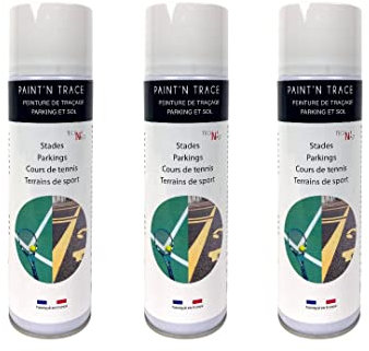 Tech'N'Fast PAINT'N TRACE : Peinture de traçage de lignes de parkings, terrains de sport et marquage de sécurité -Lot de 3 bombes peinture blanche de traçage 500ml (blanc)