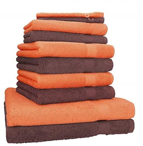 Betz 10-TLG. Handtuch-Set Premium 100% Baumwolle 2 Duschtücher 4 Handtücher 2 Gästetücher 2 Waschhandschuhe Farbe Orange Terra & Nuss Braun