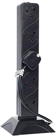 Invero® 10 Way Gang Tower Mains Power Extension Socket Adapter 2M Metre British Approved Lead UK Plug - Black
