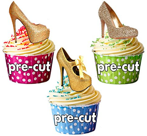 AK Giftshop PRE-CUT Gold & Silver High Heel Shoes - Edible Cupcake Toppers/Cake Decorations (Pack of 12)
