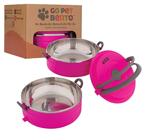 Healthy Human Stainless Steel Travel Portable Food & Water Dog Bowls Set Small Pink