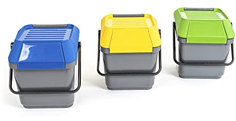 MATTIUSSI EASYMAX: Platzsparende stapelbare Abfalleimer Mülleimer für Mülltrennung, je 35 Liter, 3 Stücke (grau mit gelben blauen und grünen Deckeln)