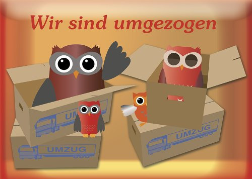 15 Postkarten wir sind umgezogen 4 Eulen im Umzugskarton 1104-15