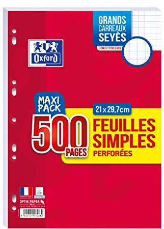 OXFORD Lot de 500 Pages Feuilles Simples Perforees A4 (21 x 29, 7cm) 90g Grands Carreaux Seyes - Maxi Pack