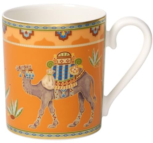 Villeroy und Boch - Samarkand Mandarin Kaffeebecher, Kaffeetasse aus Premium Bone Porzellan mit exotisch-orientalischem Dekor, orange, 300 ml