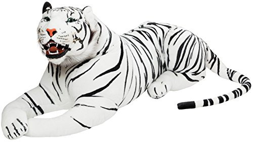 BRUBAKER Brüllender Tiger - Kuscheltier mit Zähnen Weiß 130 cm - liegend lebensecht Stofftier Plüschtier - König des Dschungels