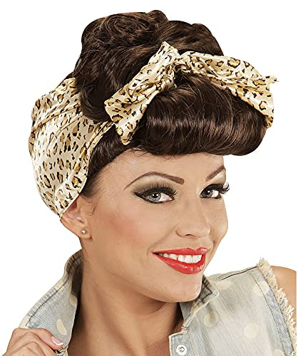 W WIDMANN MILANO Party Fashion - Perücke Rockabilly Pin Up Girl | Braune Perücke mit Haarband im Leopardenmuster für Karneval und Mottoparty