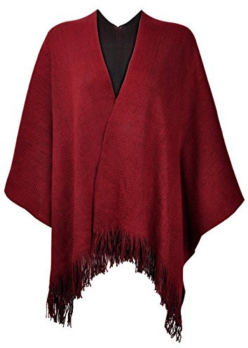 ZLYC Damen Herbst/Winter Weiche Schlichte Gestricktes Cashmere Poncho Capes Retro - Stil Cardigans Pullover Mantel mit Fransen, Rot, Einheitsgröße
