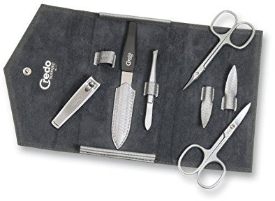 Credo Solingen Carbon 5 Manicure Case (Nail Scissors, Cuticle Scissors, Nail File, Nail Clippers, Tweezers, Sapphire)
