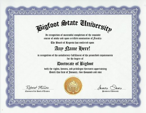 Bigfoot Big Foot Degree: Custom Gag Diploma Doctorate Certificate (Funny Customized Joke Gift - Novelty Item)