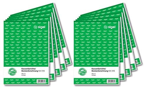 SIGEL KA518/10 Kassenbericht / Bestandsrechnung, A5, 10 Stück á 50 Blatt, zur korrekten Ermittlung des Tagesabschlusses und Kassenbestandes, für Brutto- und Nettoverbuchungen