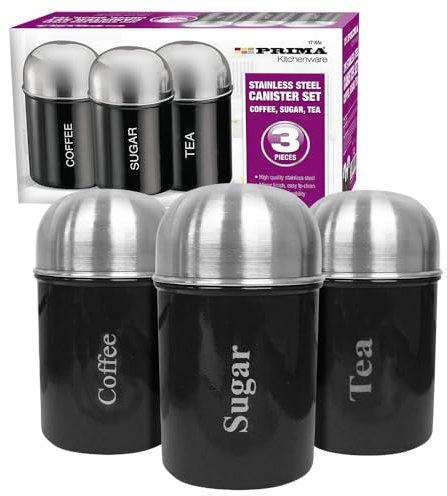 Pack Of 3 Black Canisters Set - Coffee, Tea & Sugar Mirror Finish Canisters | Modern, Eye catching Design | Suitable For Kitchens, Canteens & Homes | Food Storage & Organisers | Stainless Steel Lids