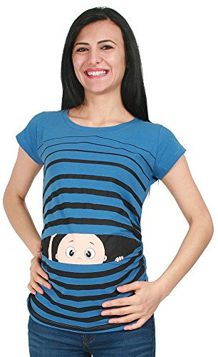 M.M.C. Vêtement de maternité Mignon et Rigolo avec de Motifs de bébé Qui Regarde Humour Haut Femme, à Manches Courtes (Bleu Marine, Small)
