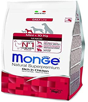 Monge Natural Superpremium SENIOR RICH IN CHICKEN, Hundefutter für alle Rassen (Trockenfutter für Hunde unter 10 kg, mit Huhn, sehr Ballaststoff- & Vitaminreich, 3 kg)