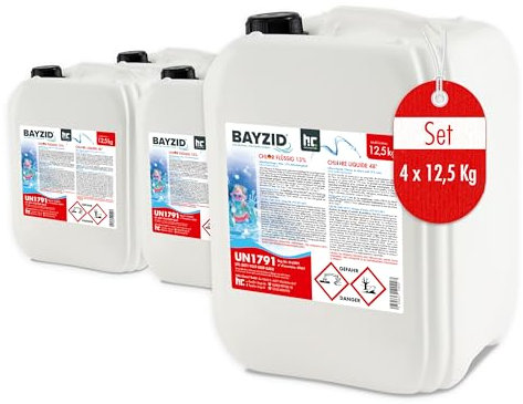 Bayzid® Chlore Liquide 48° – Désinfectant Rapide pour Piscine – Bidon 4 x 12,5 kg (50 kg) – 13-15% de Chlore Actif – Clarifiant Eau Cristalline – Idéal Spa, Jacuzzi, Pataugeoire