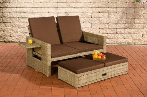 CLP Polyrattan 2er-Loungesofa Ancona 5mm, Rundrattan Garten-Sofa, ausziehbares Fußteil, Verstellbare Rückenlehne | Farbe Natur Polsterfarbe Terrabraun
