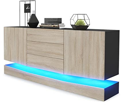 Vladon Sideboard City, Made in Germany, Schwarz matt/Eiche sägerau inkl. LED - Moderne Kommode für Ihr Wohnbereich (178 x 72 x 38 cm)