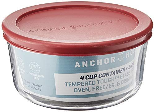 Anchor Hocking 4 Cup Glass Storage Containers with Lids, Set of 4 Glass Food Storage Containers with Red SnugFit Lids