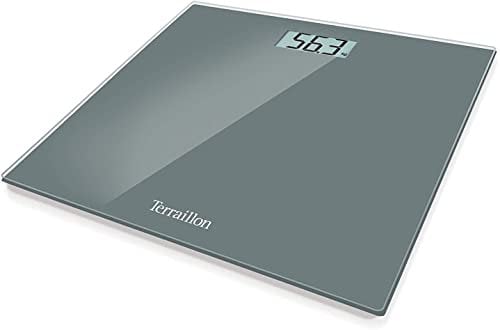 TERRAILLON - TX1500 - Pèse personne électronique, Compact et ultra plat 30cm x 30cm, Plateau verre, Large écran LCD, Capacité 150Kg, Graduation 100g, Gris