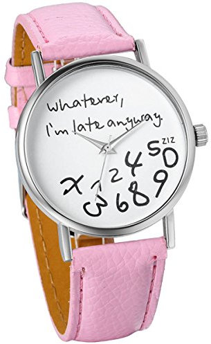 JewelryWe Damen Mädchen Armbanduhr, Whatever I'm Late Anyway Liebhaber Geschenk Analog Quarz Leder Armband Uhr mit Weißem Zifferblatt, Pink