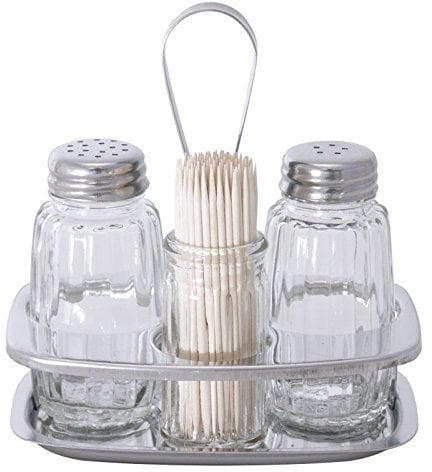 getgastro Menage, 3-teilig, mit Zahnstocherhalterung (ohne Zahnstocher), für Salz & Pfeffer, aus Edelstahl 18/0, 12 x 8 x 12,5 cm | ERK