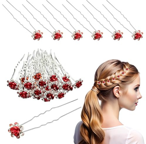 Trimming Shop Crystal Red Rose Flower Hair Pins: Bridal Wedding Clips with Rhinestone Flowers - Elegant Hair Jewelry Accessories for Women, Wedding Bridal Hairstyle, Prom Party, Pack of 10