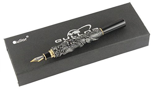 Gullor Chinese Dragon Antique Silver Basso-Relievo Fountain Pen with Original Pen Box and 5 Color Ink Cartridges