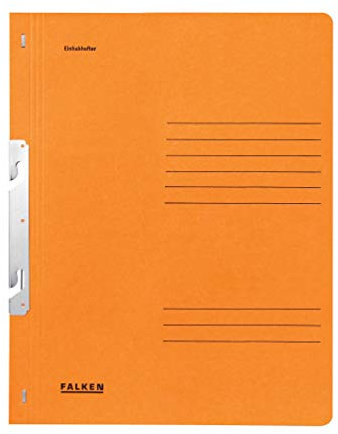 Original Falken 50er Pack Einhakhefter. Made in Germany. Aus Recycling-Karton mit ganzem Vorderdeckel und kfm. Heftung für DIN A4 orange Hefter Sammelmappe Dokumentenmappe