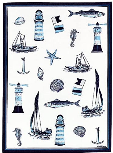 Halbleinen Geschirrtuch, TRIOLINO®, Druckmotiv Maritim weissgrundig, Format 50/70