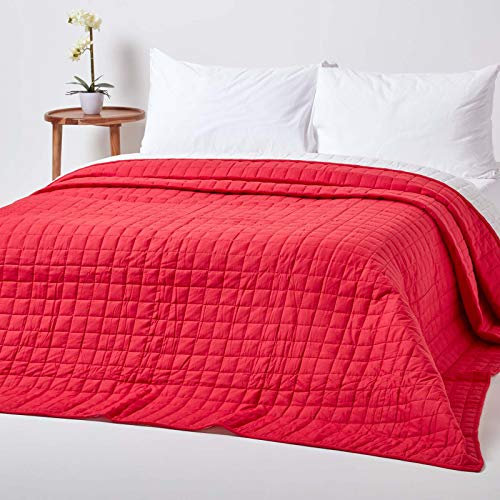 HOMESCAPES - 100% Cotton Reversible Twin Colour Quilted Bedspread Throw - Red & White - King Size 230 x 250 cm - Washable Bedding Sofa Throw