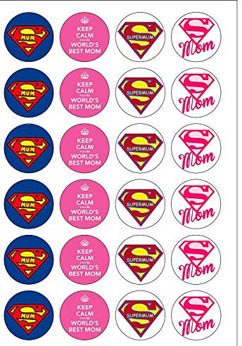 Lot de 24 décorations rondes Supermum Happy Mothers Day plaquette comestibles Papier Cake Toppers décorations