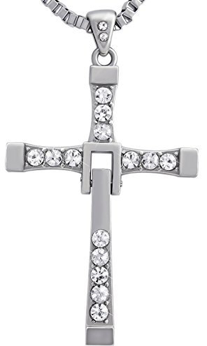 Hanessa Schmuck Kreuz Anhänger Edelstahl Plattiert Fast and Furious Herren Halskette mit Zirkonia-Steinen. Edles Geschenk zu Weihnachten für den Freund/Mann in Silber