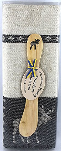 Skandinavisk Hemslöjd Geschenkset schwedisches Holzmesser(Laser-Cut) u. Handtuch (beige/grau Elch)