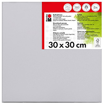 Marabu 1616000000300 - Keilrahmen, ca. 30 x 30 cm, Rahmentiefe ca. 1,8 cm, weiß, mit 380 g/qm Baumwolle bespannt, 3 fach grundiert, leicht saugend, für Acryl-, Öl-, Gouache- und Temperafarben