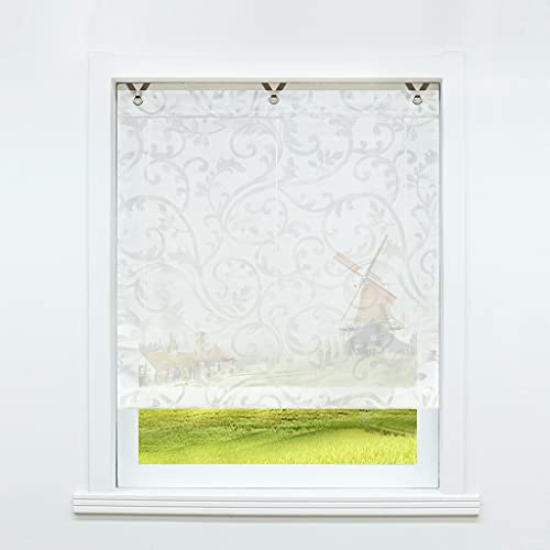CORLIF Raffrollo ohne Bohren mit Hakenaufhängung Raffgardinen Ausbrenner Gardinen Halbtransparent Ösenrollo Vorhänge mit Blumen Weiß BxH 100x130 cm 1 Stück