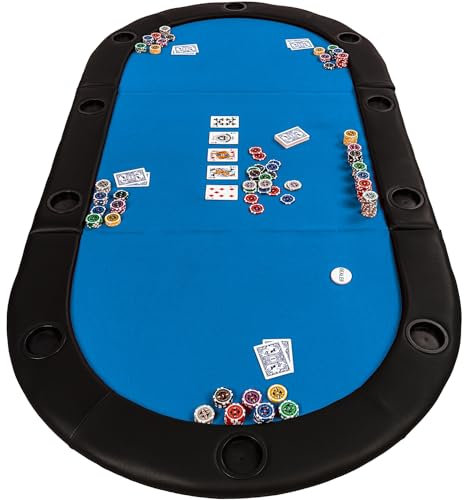 GAMES PLANET Faltbare Pokerauflage „Straight Flush“ mit Tasche, 208x106x3 cm, MDF Platte, gepolsterte Armauflage, 10 Getränkehalter, blau