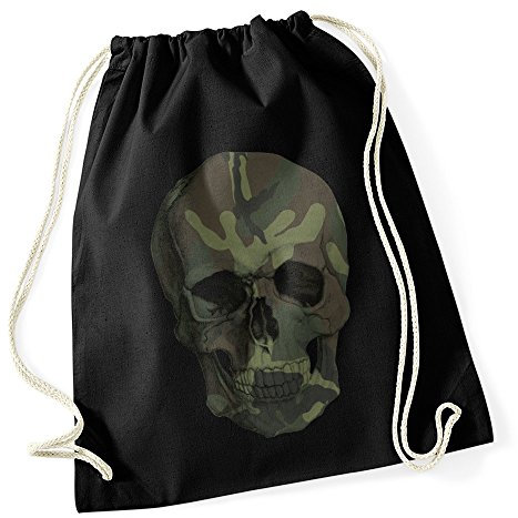 Autiga Turnbeutel Totenkopf Camouflage Camo Skull Tarnmuster Schädel Hipster Beutel Tasche Jutebeutel Stringbag Drawstring schwarz-Woodland