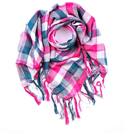 Trendfinding Tuch Halstuch Sommertuch Schal Tuch kariert Karomuster mit Fransen Karo Viscose Viskose (pink)