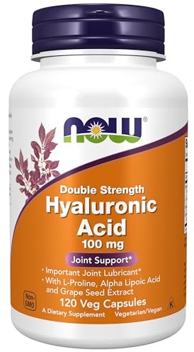 NOW Foods Supplements, Hyaluronic Acid 100 mg, Double Strength with L-Proline, Alpha Lipoic Acid and Grape Seed Extract, 120 Veg Capsules