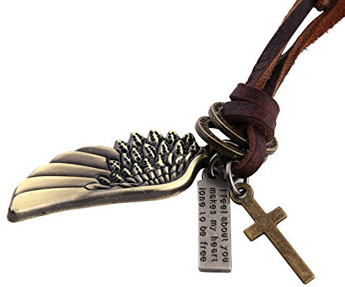 DonDon Herren Halskette Leder braun mit Anhänger Flügel massiv bronzefarben in einem schwarzen Samtbeutel