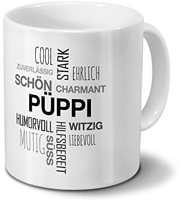 printplanet Tasse mit Namen Püppi Positive Eigenschaften Tagcloud - Schwarz - Namenstasse, Kaffeebecher, Mug, Becher, Kaffeetasse