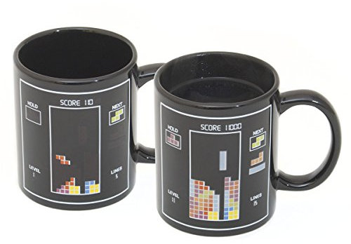 Animierte Tee Tasse Kaffeetasse wärmeempfindlicher Retro Kaffeebecher mit Thermoeffekt Farbwechsel Motivwechsel (Tetris)