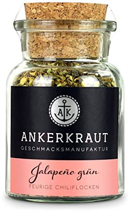 Ankerkraut Grüne Jalapeno, scharfe Chili, Chilis geschrotet, Finisher Scharf Würzen, Scharfes Essen Kochen, Highlight Chili con Carne, Fleisch, Kartoffeln, 45g im Korkenglas