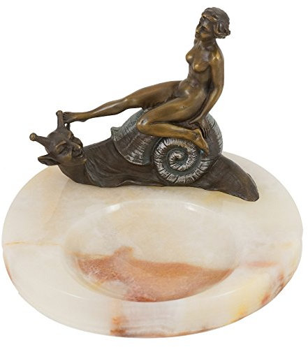 Kunst & Ambiente - Wiener Bronzefigur auf Marmorschale - Frauenakt auf Schnecke - Bergmann Stempel - Marmor Aschenbecher - Jugendstil