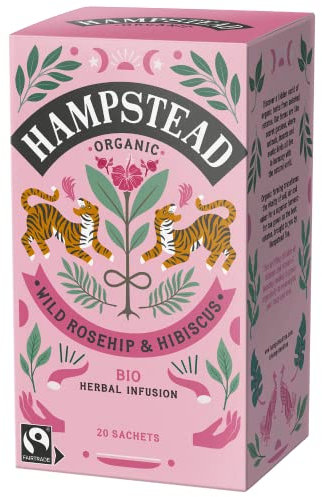 Hampstead Organic Rosehip Hibiscus 20 Teabags (Pack of 4 Total 80 Teabags) | Plastic Free | 100% Organic