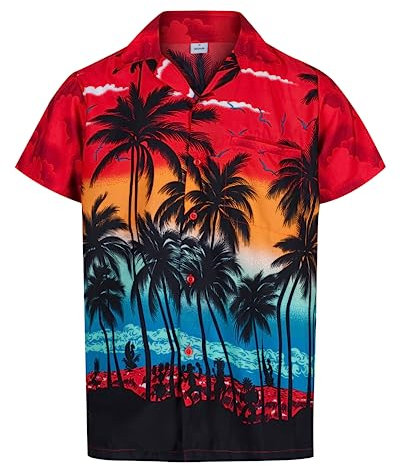 Mens Hawaiian Shirt Short Sleeve STAG Beach Holiday Palm Tree Fancy Dress Hawaii - (Large, Red)